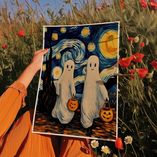 a person holding up a painting of two ghostes