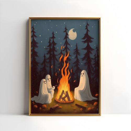 a painting of two ghost sitting in front of a campfire