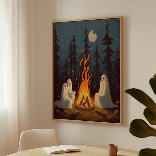 a painting of two ghost sitting in front of a campfire