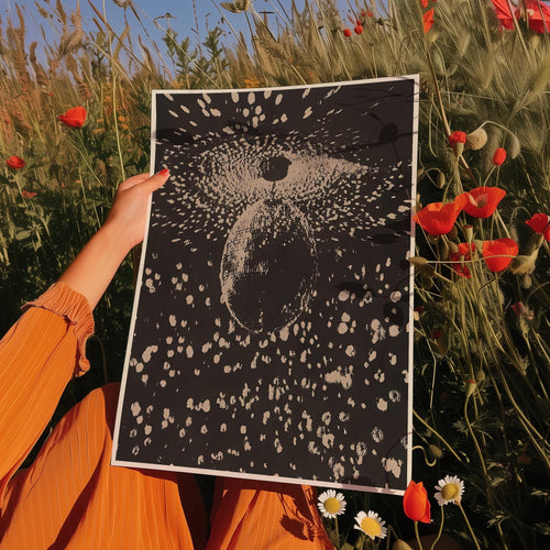a person holding up a picture in front of a field of flowers