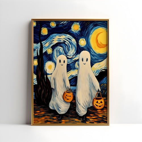 a painting of two ghostes holding pumpkins in front of a starry night