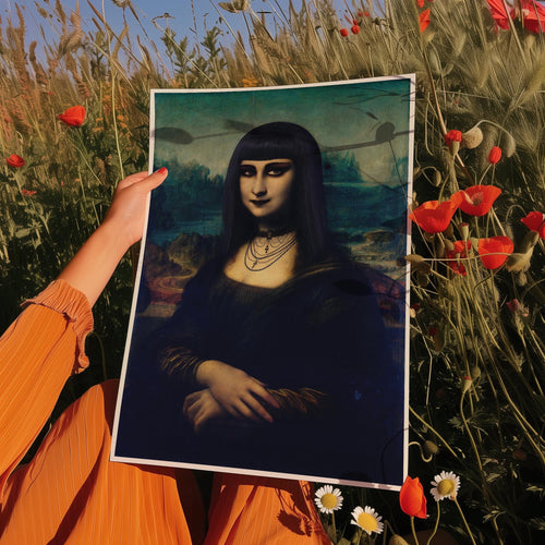 a woman holding up a painting of a woman in a field of flowers