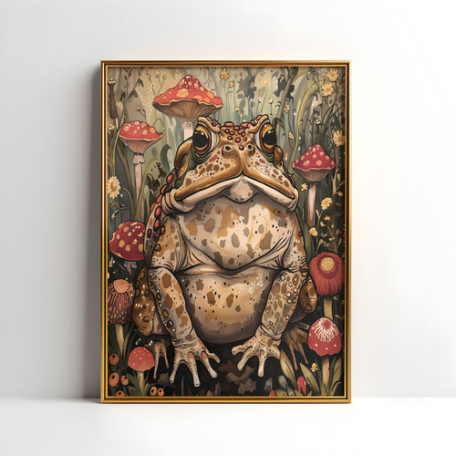 a painting of a frog sitting in a field of mushrooms